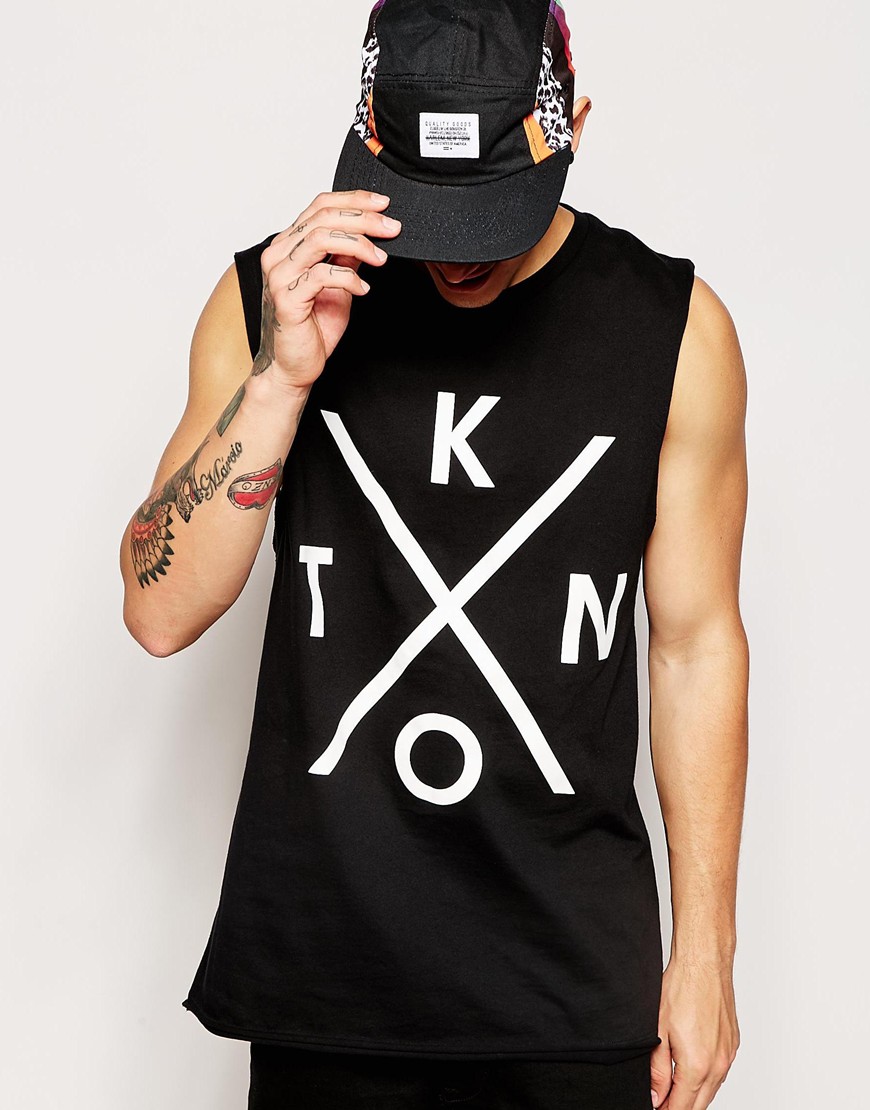 Longline Sleeveless T-Shirt With Dropped Armhole And Print