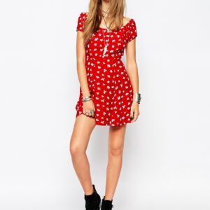 Off Shoulder Hippie Dress With Button Front Detail In Ditsy Floral